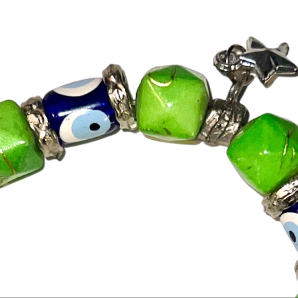VTG Jasper, Silver Sea Glass Evil Eye Beaded Bracelet - Picture 8 of 13